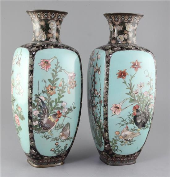 A large pair of Japanese cloisonne enamel square baluster vases, Meiji period, 41cm